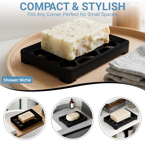 Honeycomb Silicone Soap Dish, Self Draining Soap Holder with Raised Grid Design, Non Slip Soap Saver Tray, Quick Dry Soap Dish for Bathroom Kitchen Sink Shower, Black & Black - color: Black