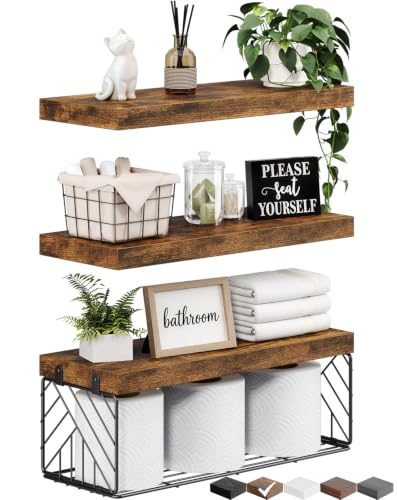 BAYKA Rustic Brown Floating Bathroom Shelves, 15.7in, 3Pk, Wall Mount Shelf | Metal Mesh Storage Basket, Easy Install, 22lbs Max Load, Hidden Bracket, for Over Toilet Bedroom Decor, Multi-Wall Compatible