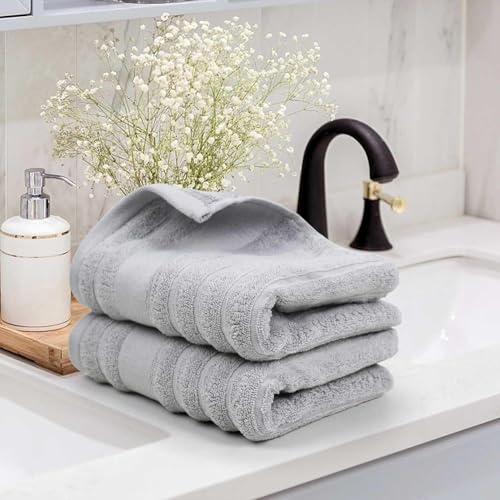 Jacquotha Light Grey Hand Towel Set of 2 Ribbed - 480 GSM Cotton Ultra Soft | Luxury Textured Face Towels for Spa Hotel - color: Light Gray