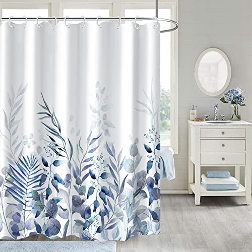 AWERT Shower Curtain Plants for Bathroom,Waterproof Quick-Drying Blue Leaves Shower Curtain Set with Hooks 60x72 Inch - color: Blue and Magenta, size: 60"W x 72"L (Pack of 1)