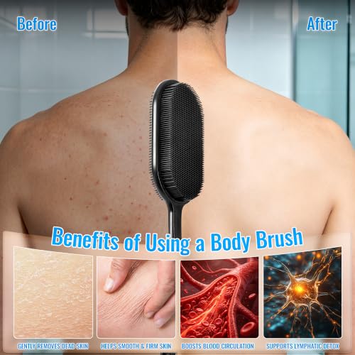 Silicone Back Scrubber for Shower, Bath Brush with Long Handle | Exfoliating & Lathering Body Scrubber Shower Brush - color: Black