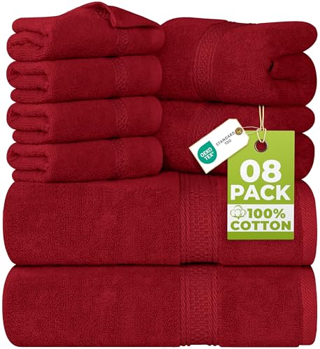 Utopia Towels 8 Piece Luxury Towel Set – Majestic Plush, Super Absorbent & Quicker-to-Dry, Thick 100% Ring Spun Cotton Towels for Bathroom, Spa & Hotel – 2 Bath, 2 Hand, 4 Washcloths,Red - color: Red, size: 8 Pieces Towel Set