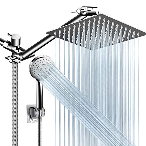 Shower Head Combo,8 Inch High Pressure Rain Shower Head with 11 Inch Adjustable Extension Arm and 5 Settings Handheld Shower Head Combo,Powerful Shower Spray Against Low Pressure Water with Long Hose - color: Chrome, size: 8" Showerhead Set