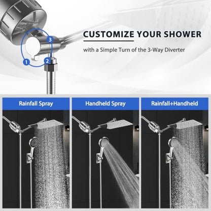 10" Shower Head with Handheld, Rain Shower Head with Filter Combe Set | High Pressure; 3 Modes Sprayer; Filtered Shower for Hard Water,Families, Pets; Adjustable Height & Angle; Easy Install;Chrome