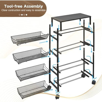 IBERG 5 Tier Slim Storage Cart with Wheels and Pull Out Baskets (Black)
