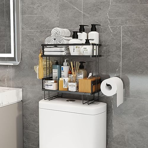Over Toilet Storage Shelf, 2-Tier Over-The-Toilet Storage No Drilling Space Saver, Multifunctional Toilet Rack Over The Toilet Ladder Shelf,Black - color: Black