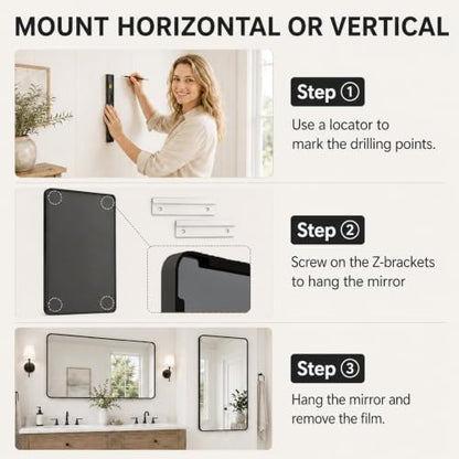 pertetey 60 x 28 in Rounded Rectangle Bathroom Mirror, Black Metal Frame | Black Metal Frame, Rounded Rectangle Design, Tempered Glass, Wall Mounted - size: 60"L x 28"W