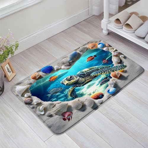 Sea Turtle Bath Mat Bathroom Rug, Ocean Beach Shell Underwater World Tropical Fish Summer Memory Foam Bathroom Kitchen Bedroom Livingroom Soft Floor Rug, 24"x59" - size: 24x59 Inch(60x150CM)