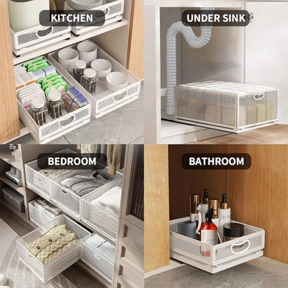 Sliding Cabinet Basket Organizer Drawer Self Adhesive Slide out Pantry Shelves Heavy Duty Carbon Steel Slide Cabinet Storage Basket with Handle for Bathroom Kitchen Home - size: Extended Medium