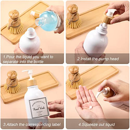 4 Pieces Kitchen Soap Dispenser Set 16 oz Dish Soap Dispenser with Bamboo Pump Soap Tray and Dish Brush Bathroom Soap Dispenser Set with Waterproof Labels for Hand Soap Dish Lotion (White) - color: White