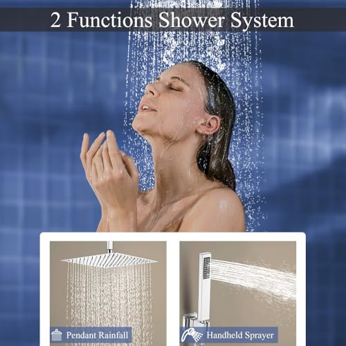 12 Inch Polished Chrome Ceiling Mount Shower System Bathroom Luxury Rain Mixer Shower Combo Set Ceiling Rainfall Shower Head System Faucet Contain Rough-in Valve and Trim Included - color: Polished Chrome, size: 12 Inch