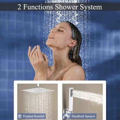 16 Inch Polished Chrome Ceiling Mount Shower System Bathroom Luxury Rain Mixer Shower Combo Set Ceiling Rainfall Shower Head System Faucet Contain Rough-in Valve and Trim Included - color: Polished Chrome, size: 16 Inch