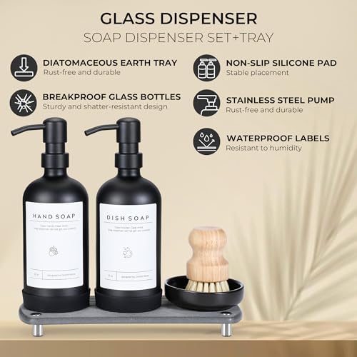 [Luxury] Kitchen Soap Dispenser Set - 16OZ Black Glass Bottle, Stainless Steel Pump, Instant Dry Tray, Waterproof Labels, Non-Slip Silicone Pad, and Dish Brush | Upgrade for Your Kitchen and Bathroom - color: Black Bottle + Black Pump