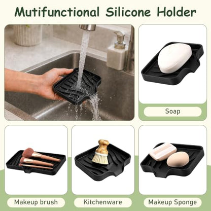 Silicone Soap Dish with Drain Spouts, Bar Soap Holder, Self-Draining Sink Organizer Kitchen Sponge Tray, Non-Slip Dispensers for Bathroom, Kitchen (Off White, 1 Long + 2 Short) - color: Off White