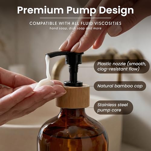 Maisonovo Dish Soap Dispenser Set - Amber Soap Dispenser Black Bamboo Pumps | Glass bottles for body wash, lotion, shampoo or conditioner · Sink, bathroom or countertop · Tray, 16.9 oz each - color: Amber Bottles Black Bamboo Pumps