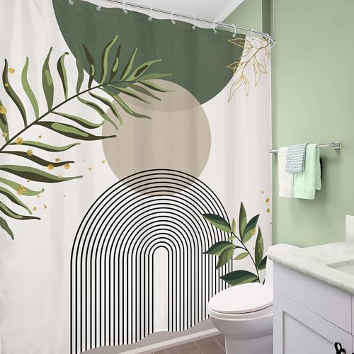 Sage Green Boho Abstract Gold Leav Leaves Bathroom Shower Curtain Set | 72"W x 78"L. waterproof HD print, quick-dry fabric and free hooks for easy setup. - color: A-01green, size: 72"W x 78"L (Pack of 1)