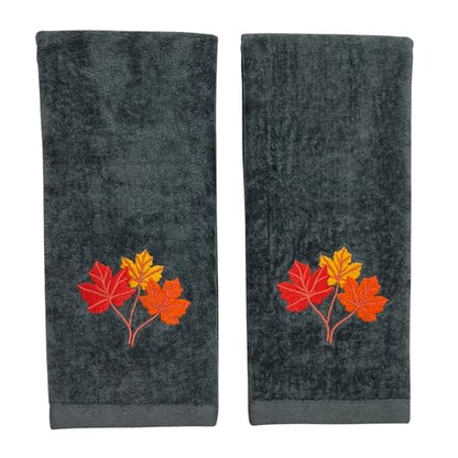 Serfina Home Harvest Fall Hand Guest Towels for Bathroom, Embroidered Grey Gray Autumn Leaf Design, 100% Cotton, 16" x 25" Inches, 2 Pc Set - color: Autumn Leaf Grey