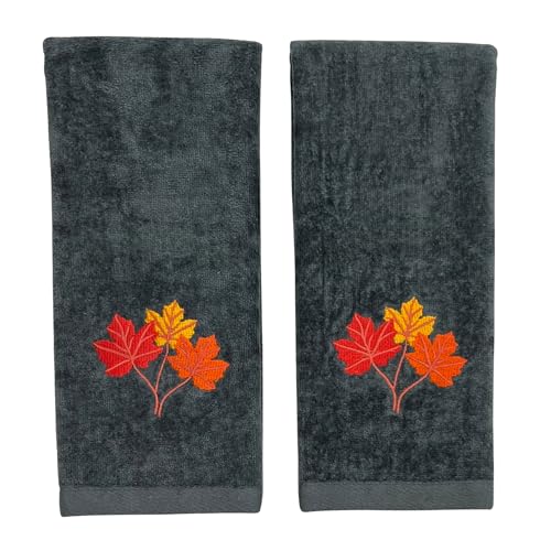 Serfina Home Harvest Fall Hand Guest Towels for Bathroom, Embroidered Grey Gray Autumn Leaf Design, 100% Cotton, 16" x 25" Inches, 2 Pc Set - color: Autumn Leaf Grey