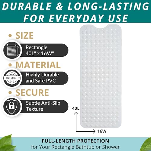 ENKOSI Non-Slip Bath & Shower Mat 40x16 Extra Long, Suction & Drain Holes | White color; Durable PVC; 40x16 in, White - color: White