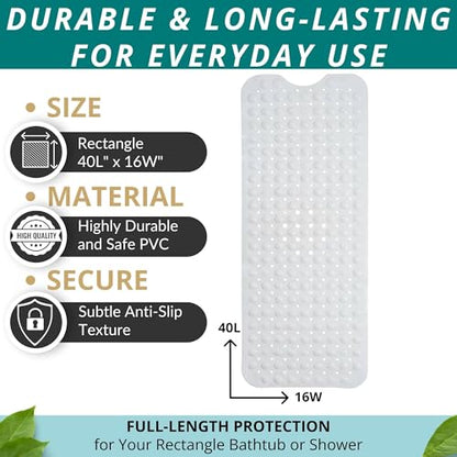 ENKOSI Non-Slip Bath & Shower Mat 40x16 Extra Long, Suction & Drain Holes | White color; Durable PVC; 40x16 in, White - color: White