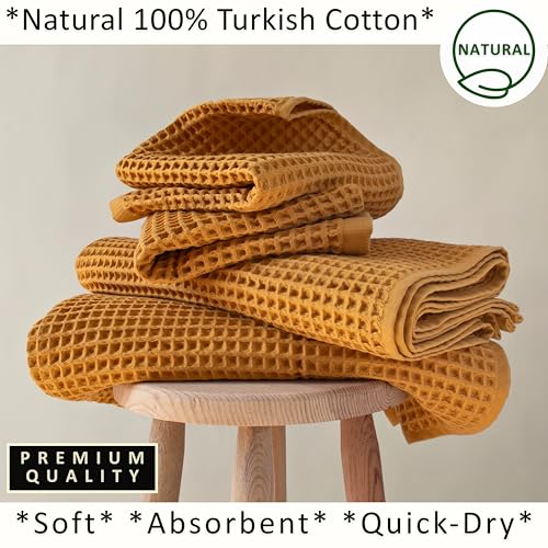 PÜSKÜL Natural 100% Turkish Cotton Waffle Towels Set of 4-Piece, Mustard Y. | 2-Bath sheet (Extra-large 32x63") and 2-Hand towel (Large 32x16"). Premium honeycomb-waffle weave, oeko-tex made in Turkiye. - color: Mustrad Yellow