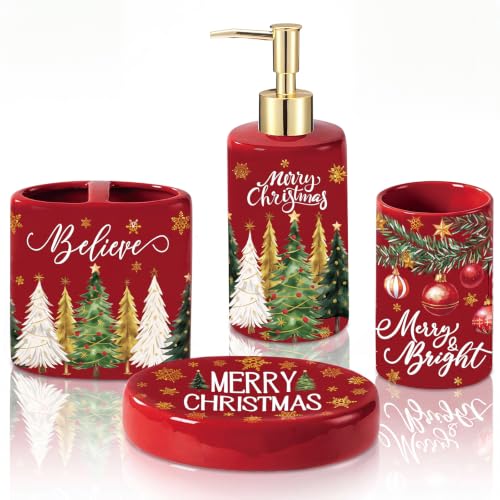 4 Pcs Christmas Ceramic Bathroom Accessories Gifts Xmas Tree Bath Tumbler Soap Dispenser Toothbrush Holder Soap Tray Merry Xmas Bathroom Decorations(Red Merry Christmas) - style: Red Merry Christmas