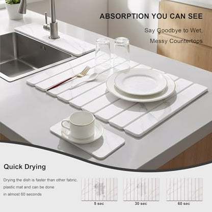 3 Pcs Large Stone Dish Drying Mat for Kitchen Counter Quick Dry Board Pad | Diatomaceous Earth Stone Drying Set With Sink Faucet Drip Catcher And Small Coaster, Super Absorbent Marble Water Tray - color: White Grey Marble