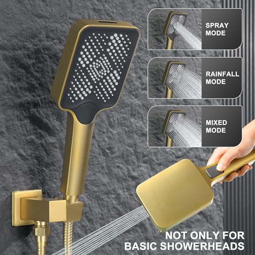 Bathtub Shower Faucet Set with Pressure Balance Valve, 12" Ceiling Mount Shower System with Tub Spout Multi-function Handheld Head Push Button Diverter Shower Trim Kit, Brushed Gold - color: Brushed Gold, style: 12"-Square-Tub-01