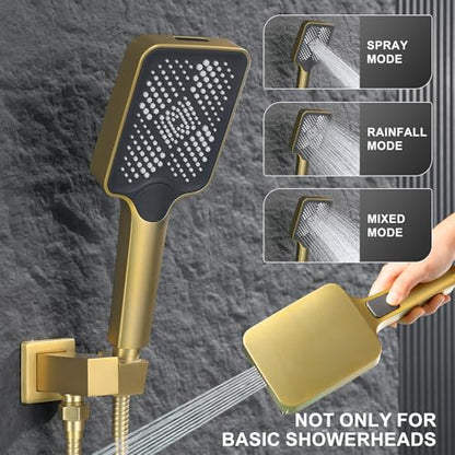 Bathtub Shower Faucet Set with Pressure Balance Valve, 12" Ceiling Mount Shower System with Tub Spout Multi-function Handheld Head Push Button Diverter Shower Trim Kit, Brushed Gold - color: Brushed Gold, style: 12"-Square-Tub-01