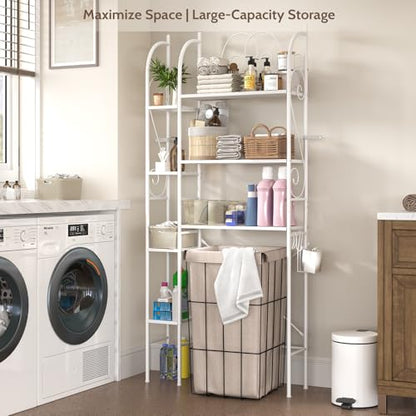7-Tier Over the Toilet Storage Rack, Heavy-Duty Metal Bathroom Organizer with Adjustable Shelf, Toilet Paper Holder & Side Hooks, Space Saver for Small Bathrooms, Laundry Room & Apartments, White