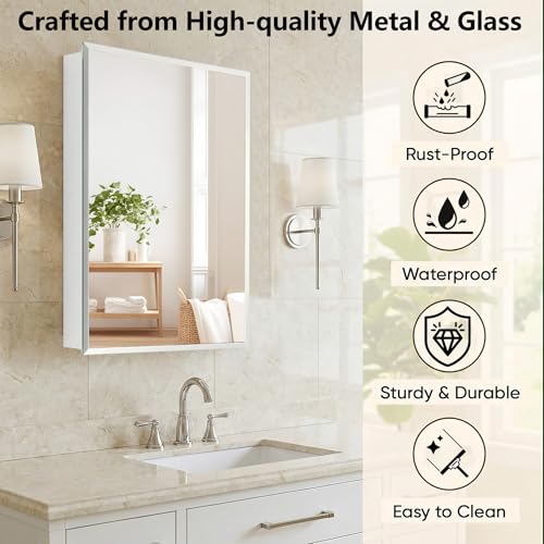Bathroom Medicine Cabinet, 16x26 inch Medicine Cabinet with Mirror, Rectangular Beveled Frameless Mirror, Recess or Surface Mount Installation - size: CM1014-1626