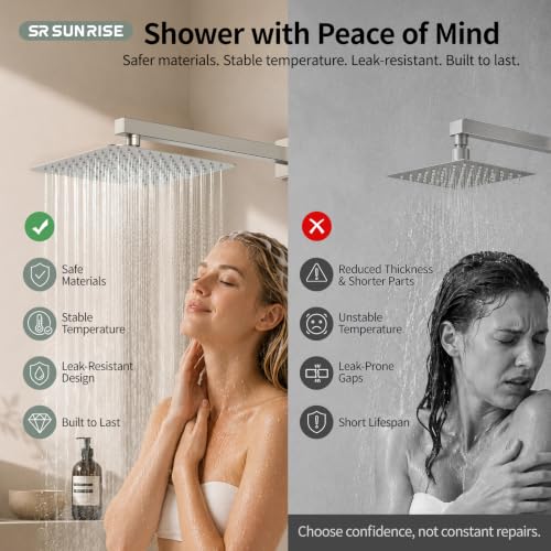 SR SUN RISE Shower Faucet Set Bathroom Square Rain Shower Head with Handheld Spray Wall Mounted Rainfall Shower Fixtures Brushed Nickel Shower Faucet Trim Repair Kits (Contain Shower Valve)10 Inches - color: Brushed Nickel, size: 10 Inch