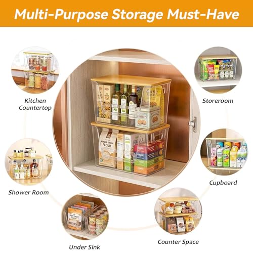 4 Pack Pantry Organizers and Storage with Bamboo Lids | Stackable Clear Plastic with Lid/Handle Trash Bag Holder for Vegetable,Fruit,Under Kitchen Sink Countertop Organizer - size: 4 Pack