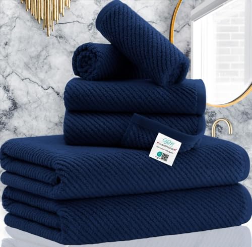 VOOVA & MOVAS 6PC Towel Set, 100% Cotton, Navy Blue | 2 Large Bath 30x56 In, 2 Hand 18x28 In, 2 Washcloths 13x13 In, Quick Dry, Thick, Soft, Quick Dry Towel For Shower - color: Marine Blue - Dark Navy, size: 6 PC Bathroom Towel Set