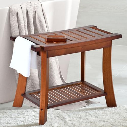 Teak Shower Chair Stool, 24" Shower Bench Seat, Wooden Bathroom Bench with Storage Shelf for Indoor & Outdoor Use - size: 24"