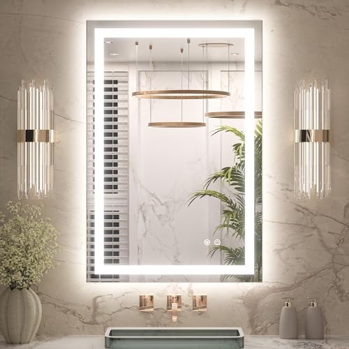 Keonjinn 24x36 Inch LED Bathroom Mirror with Lights, Frontlit & Backlit | Lighted Bathroom Mirror, 3-Color Temperature & Stepless Dimmable Lighting, Fast & Safe Defogging, Effortless Installation - size: 36"L x 24"W
