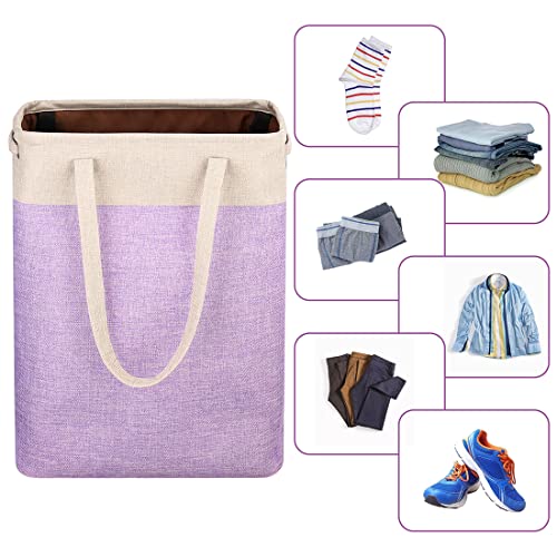 Laundry Basket with Handles Beige&Purple Slim Laundry Bin Collapsible Dirty Clothes Basket Narrow Laundry Bag Foldable Dirty Hamper for Camping, Dorms, Apartments - color: Beige&Purple
