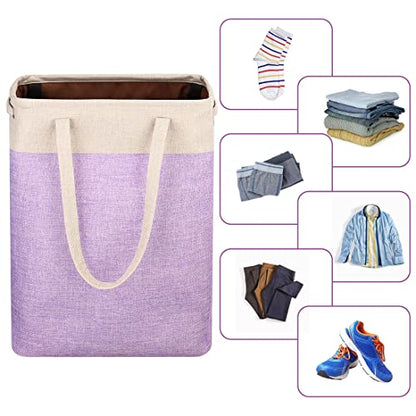 Laundry Basket with Handles Beige&Purple Slim Laundry Bin Collapsible Dirty Clothes Basket Narrow Laundry Bag Foldable Dirty Hamper for Camping, Dorms, Apartments - color: Beige&Purple
