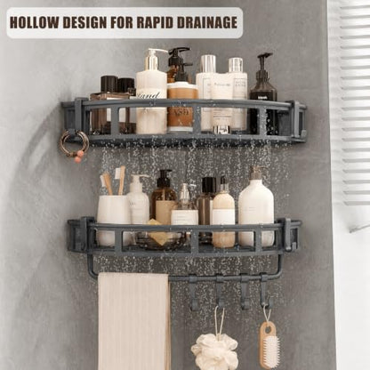 Shower Caddy Hanging Gray, 2 Pack Rustproof Adhesive Corner Shower Shelves | 40 Lb Secure Hold, Powder-Coated Stainless Steel, Fast-Draining Wire Baskets, 5 Removable Hooks, Fit 90-Degree Tile and Glass
