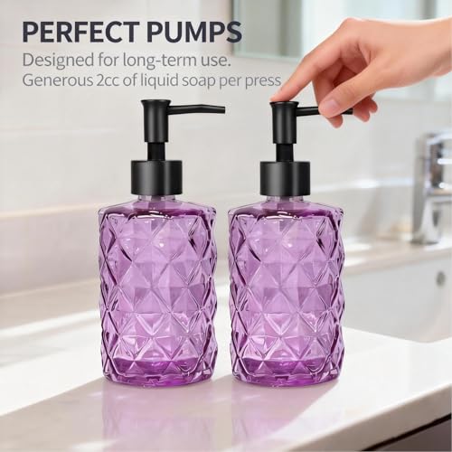 12oz Purple Glass Hand and Dish Soap Dispenser Set, Diamond Design, 2 Set | Bathroom Soap Dispenser with Plastic Pumps, Bamboo Tray for Hand Wash & Dish Wash, for Bathroom Kitchen Countertop - color: Purple