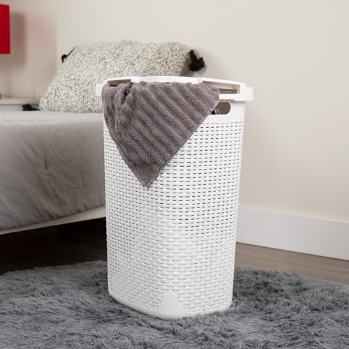 Mind Reader Slim Laundry Hamper with Lid, 60L Tall Clothes Baskets, Narrow Tapered Design for Bathrooms Closets and Laundry Rooms, Plastic, 3 Pack, White - color: White