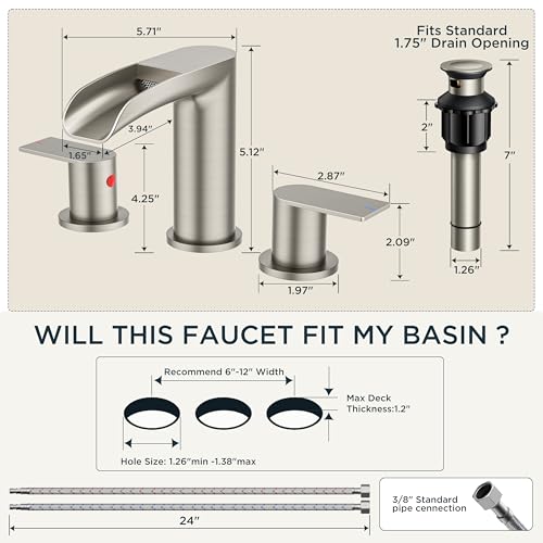 FORIOUS Bathroom Faucet 3 Hole Widespread Sink 8 Inch Brushed Nickel | 3-hole 6-12 Inch Widespread Sink, Waterfall Faucets, with Drain and Hoses,for Vanity Rv Commercial Lavatory Restroom Basin - color: Stainless Steel