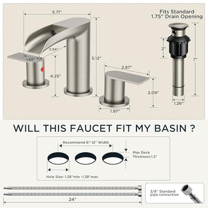 FORIOUS Bathroom Faucet 3 Hole Widespread Sink 8 Inch Brushed Nickel | 3-hole 6-12 Inch Widespread Sink, Waterfall Faucets, with Drain and Hoses,for Vanity Rv Commercial Lavatory Restroom Basin - color: Stainless Steel