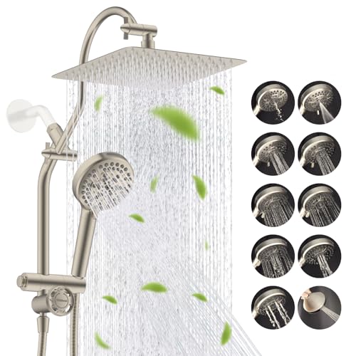 Hibbent High Pressue All Metal 10" Rainfall Shower Head, Handheld 10-Spray | cUPC Certified Brushed Nickel Dual Showerhead Combo, 4-way Diverter with Pause Mode, Brass Extension Arm, 71'' Hose & Holder - color: Brushed Nickel, style: Square 10"