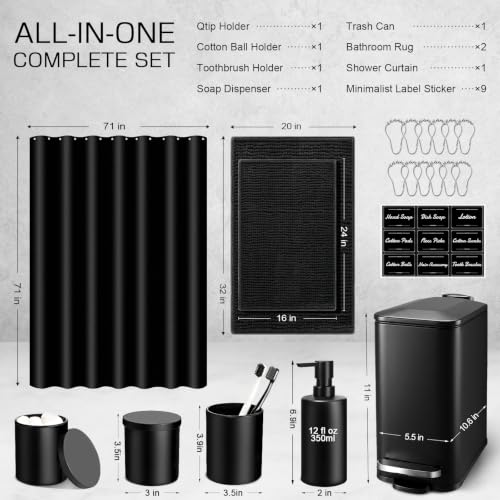 Bathroom Sets with Shower Curtain and Rugs, 8 Pcs Black Bathroom Accessories with Trash Can, Waterproof Shower Curtain, Bathroom Rugs Super Absorbent, Modern Bathroom Sets Complete Decor - size: 5Pcs Bathroom Set + Shower Curtain + Rugs