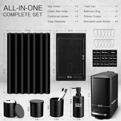 Bathroom Sets with Shower Curtain and Rugs, 8 Pcs Black Bathroom Accessories with Trash Can, Waterproof Shower Curtain, Bathroom Rugs Super Absorbent, Modern Bathroom Sets Complete Decor - size: 5Pcs Bathroom Set + Shower Curtain + Rugs