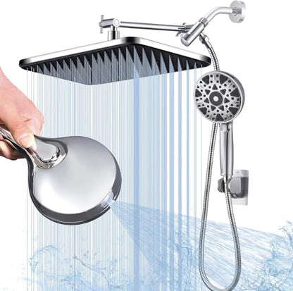 14 Inch Square Rain Shower Head Combo, 7 Settings Handheld Spray, Water Saving with Check Valve, Anti-Clog Nozzles, Tool-Free Installation for Bathroom Upgrade