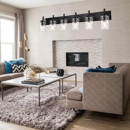 BONLICHT Transitional Bath Vanity Light Fixture 6 Light Black Wall Sconce Bathroom Lighting with Clear Hammered Glass, Industrial Farmhouse Metal Wall Mount Light for Kitchen Living Room Dining Room - color: Black, size: 6 Lights