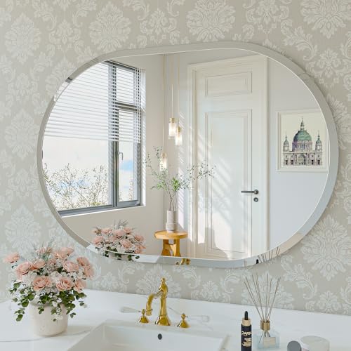 Frameless Oval Mirror, 28"x40" Beveled Oval Bathroom Mirrors | 5mm HD Glass, Anti-Rust, 15mm Frameless Beveled Mirror, French Cleat, Horizontally or Vertically, for bathroom/bedroom - size: 28"L x 40"W