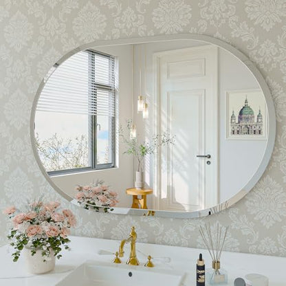 Frameless Oval Mirror, 28"x40" Beveled Oval Bathroom Mirrors | 5mm HD Glass, Anti-Rust, 15mm Frameless Beveled Mirror, French Cleat, Horizontally or Vertically, for bathroom/bedroom - size: 28"L x 40"W